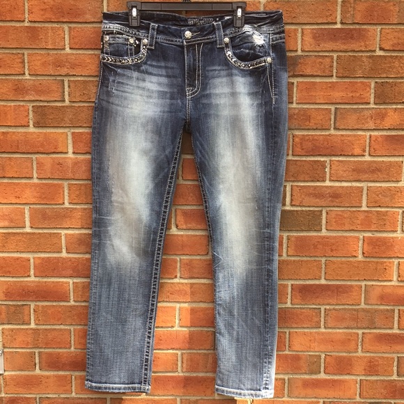 New Miss Me Standard Easy Crop Rhinestone Sequin Embroidered Stretch Jeans W32 - Picture 2 of 14